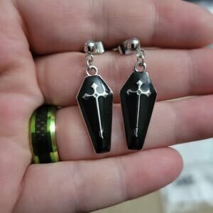 Coffin and cross black & silver tone gothic earrings